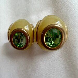 Vintage Butterscotch Lucite Peridot Green Rhinestone Gem Gold Tone Earrings